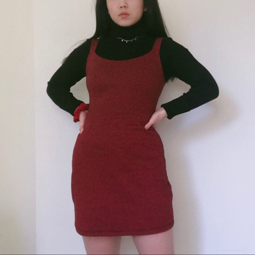 Red bodycon dress with tiny black pattern